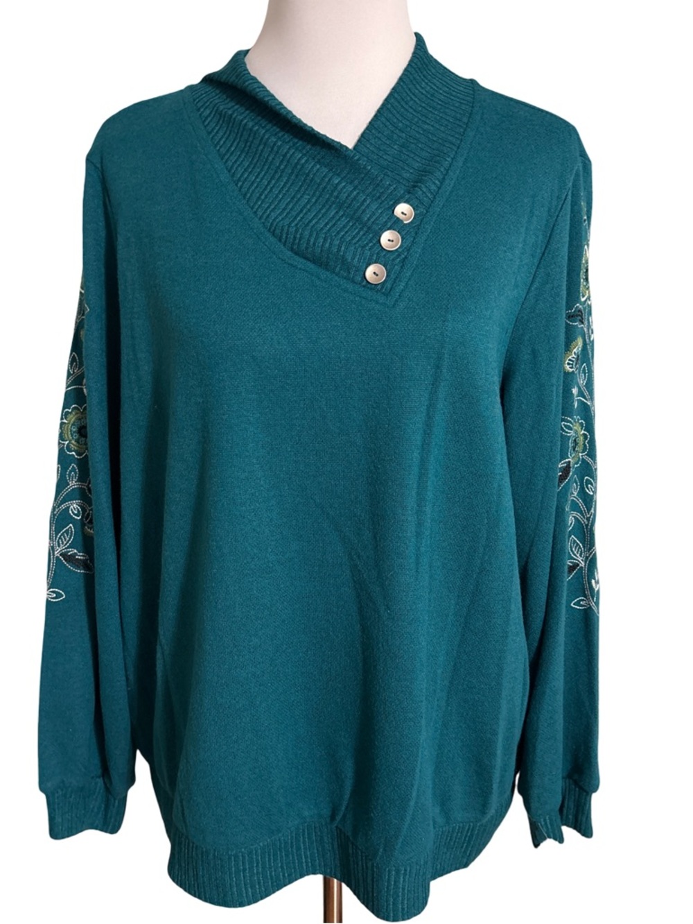 Alfred Dunner Teal V Neck Sweater Large Embroidered Sleeve